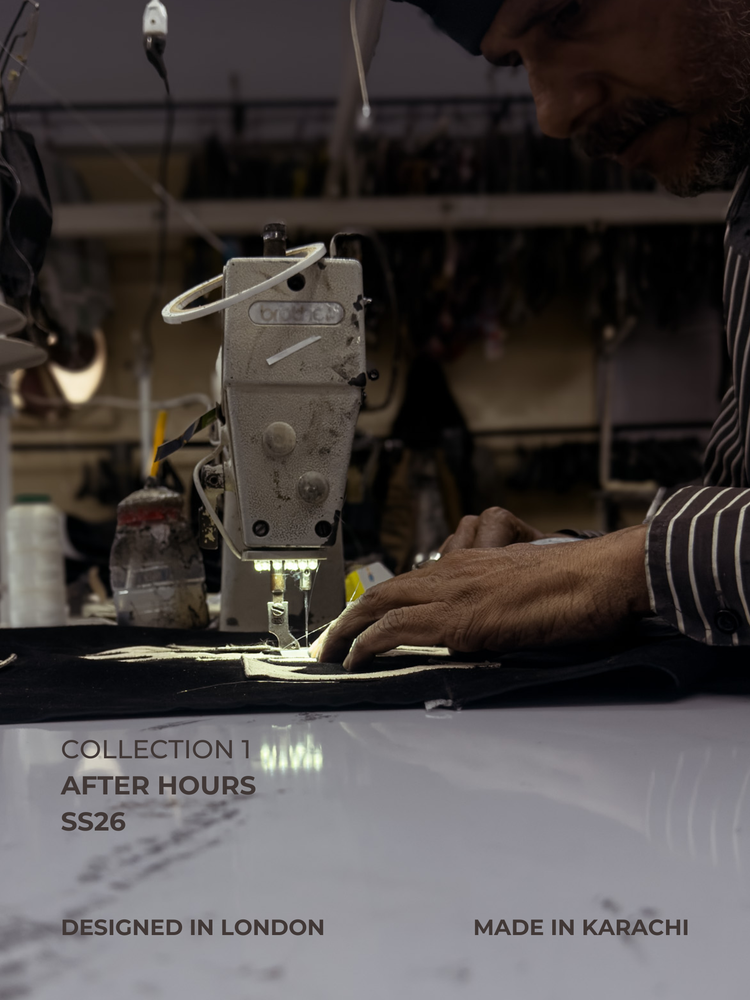 Person working on a sewing machine with text about a fashion collection.